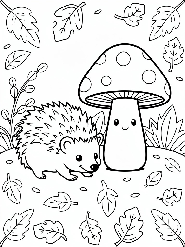Line art coloring page featuring a cute hedgehog next to a large mushroom with white spots, surrounded by autumn leaves and foliage.