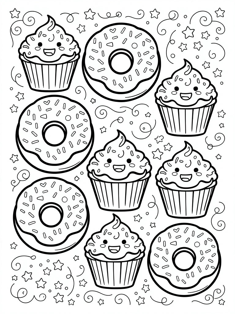 Line art coloring page featuring multiple smiling kawaii donuts and cupcakes arranged with stars, swirls, and sprinkles.