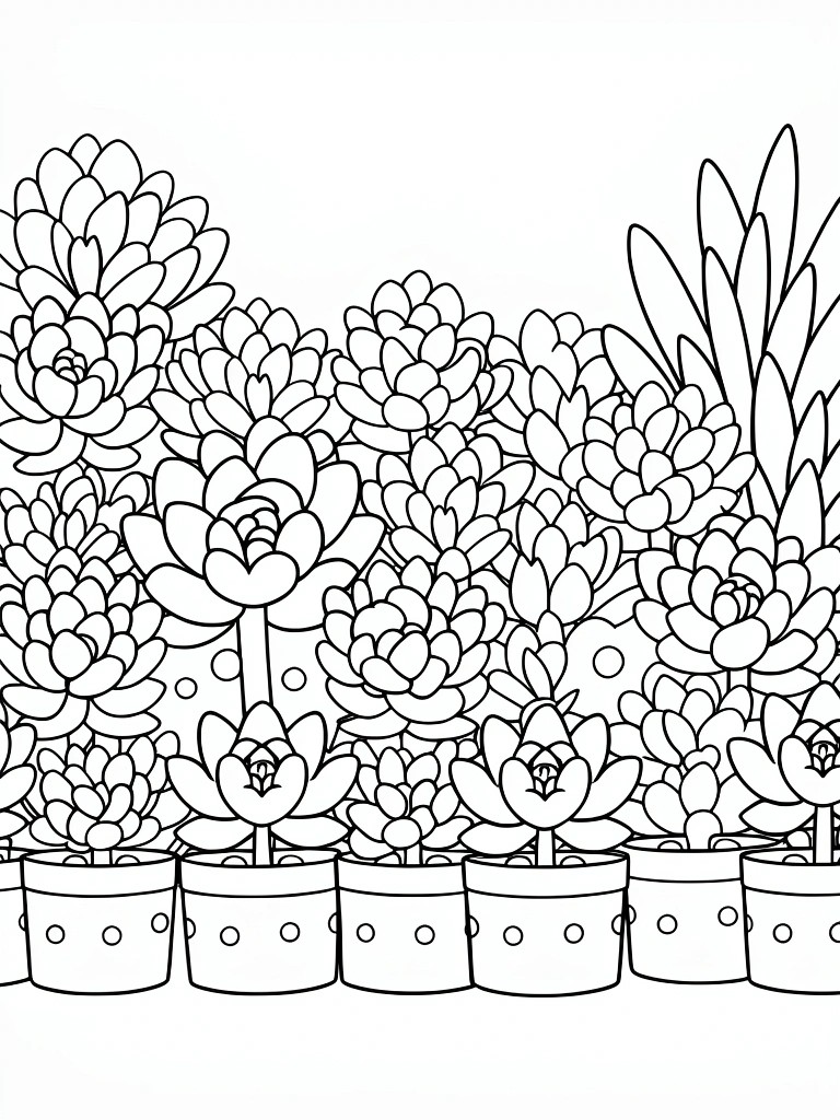 Line art coloring page of a row of five dotted pots with succulents below a dense cluster of rosette and leafy succulent plants.