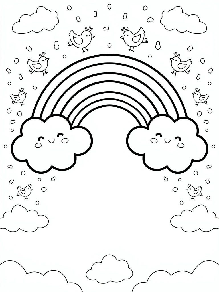 Line art coloring page of a rainbow arched between two smiling clouds with birds, sparkles, and extra clouds.