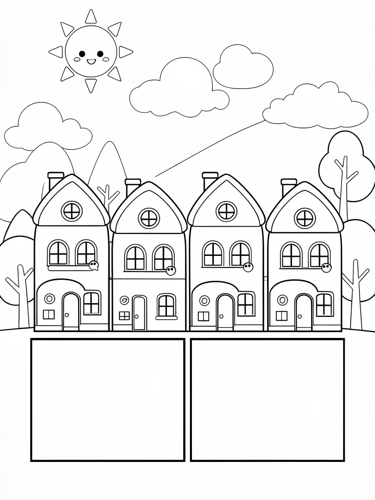 Line art of four attached cute houses with windows and doors, mountains and trees behind, smiling sun and clouds above, two blank boxes below.