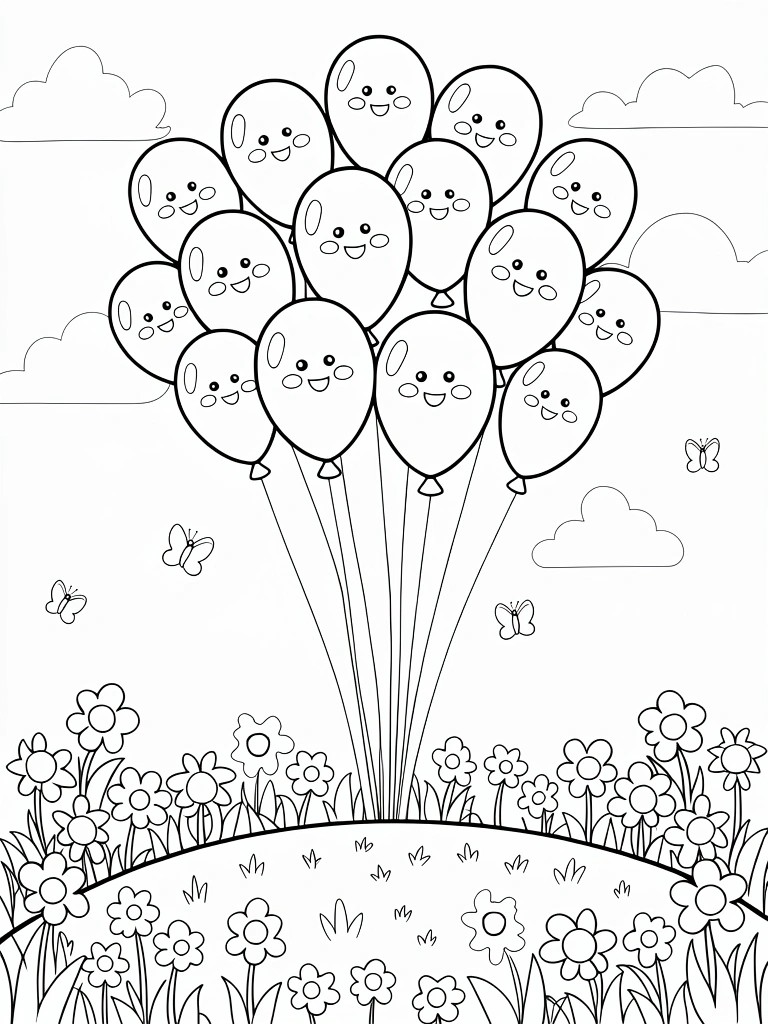 Black line art of many cute balloons with smiling faces clustered and floating upward above flowers, grass, clouds, and butterflies.