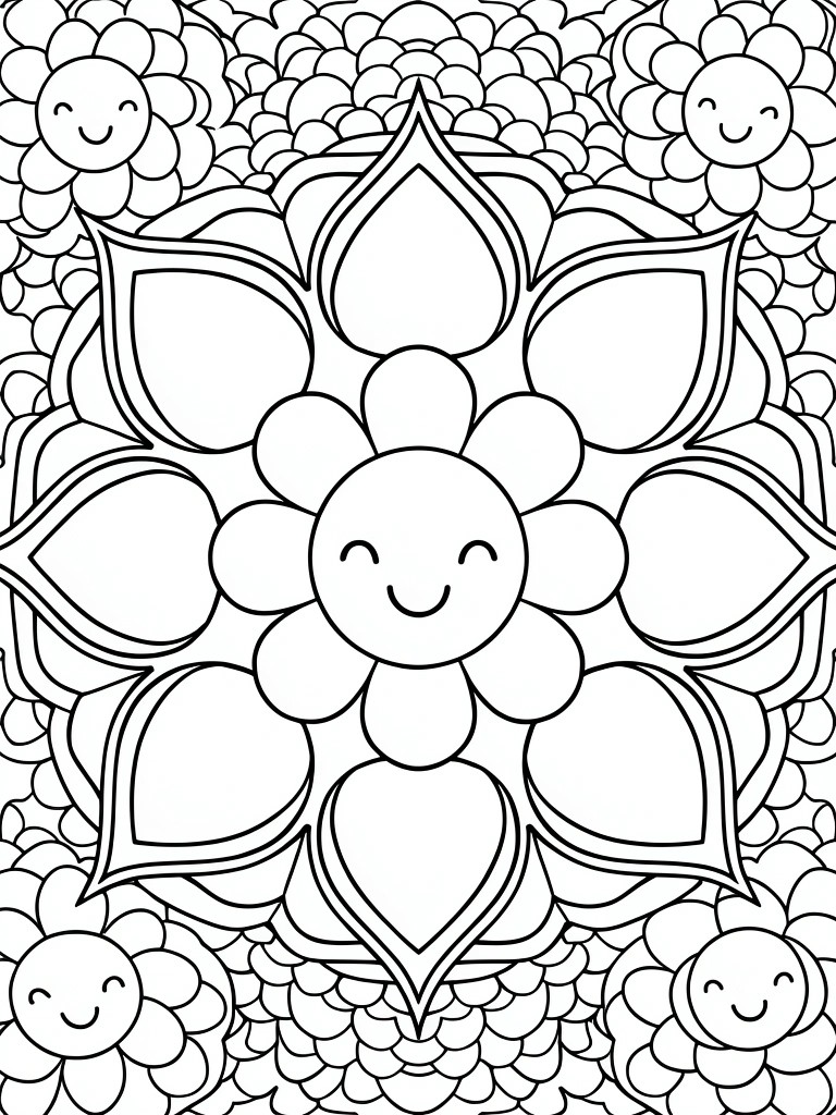 Black line art of a central smiling sunflower mandala with radiating patterns and corner smiling flowers.