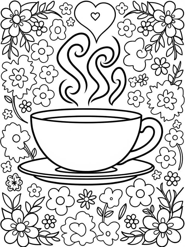 Black line art of a teacup with rising steam on a saucer, framed by flowers, leaves, and a heart above.