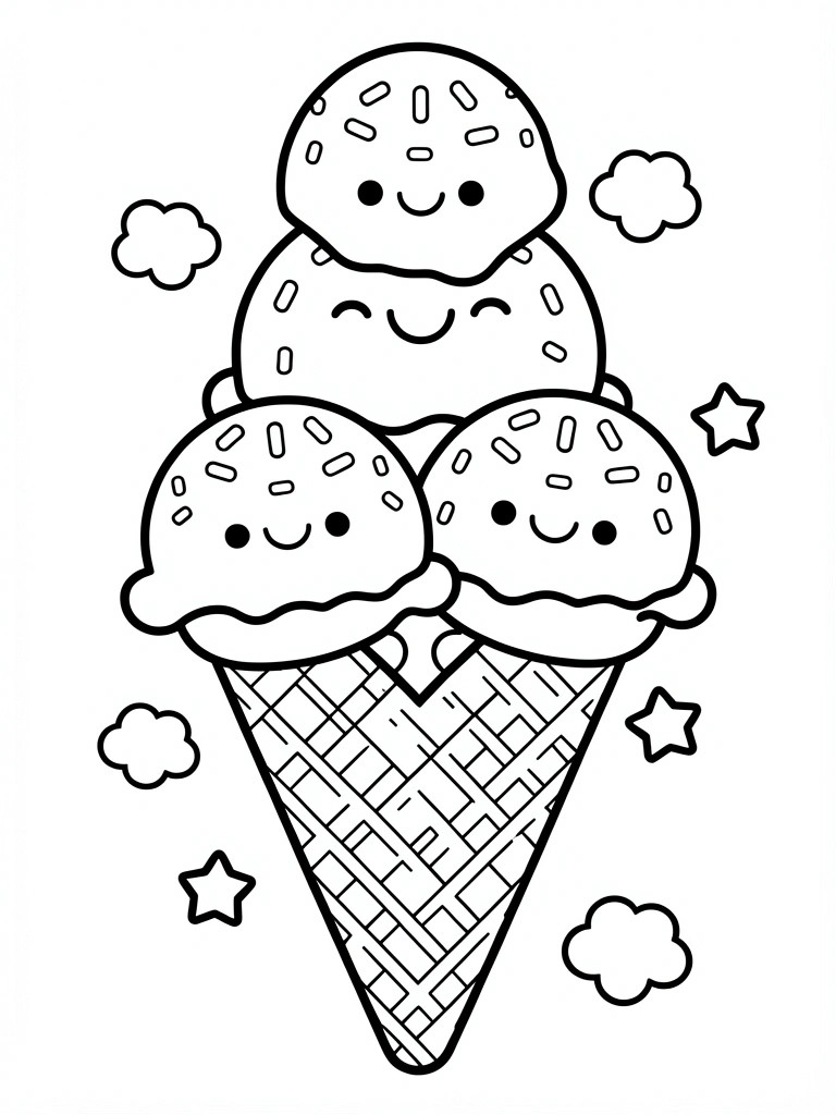 Line drawing of three smiling ice cream scoops with sprinkles on a waffle cone, surrounded by clouds and stars.