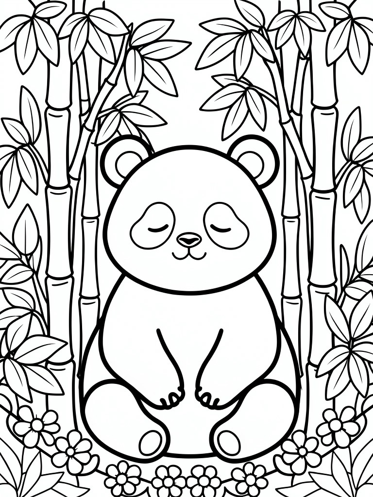 Black line coloring page of a smiling panda in meditation pose surrounded by bamboo stalks, leaves, and bottom flowers.
