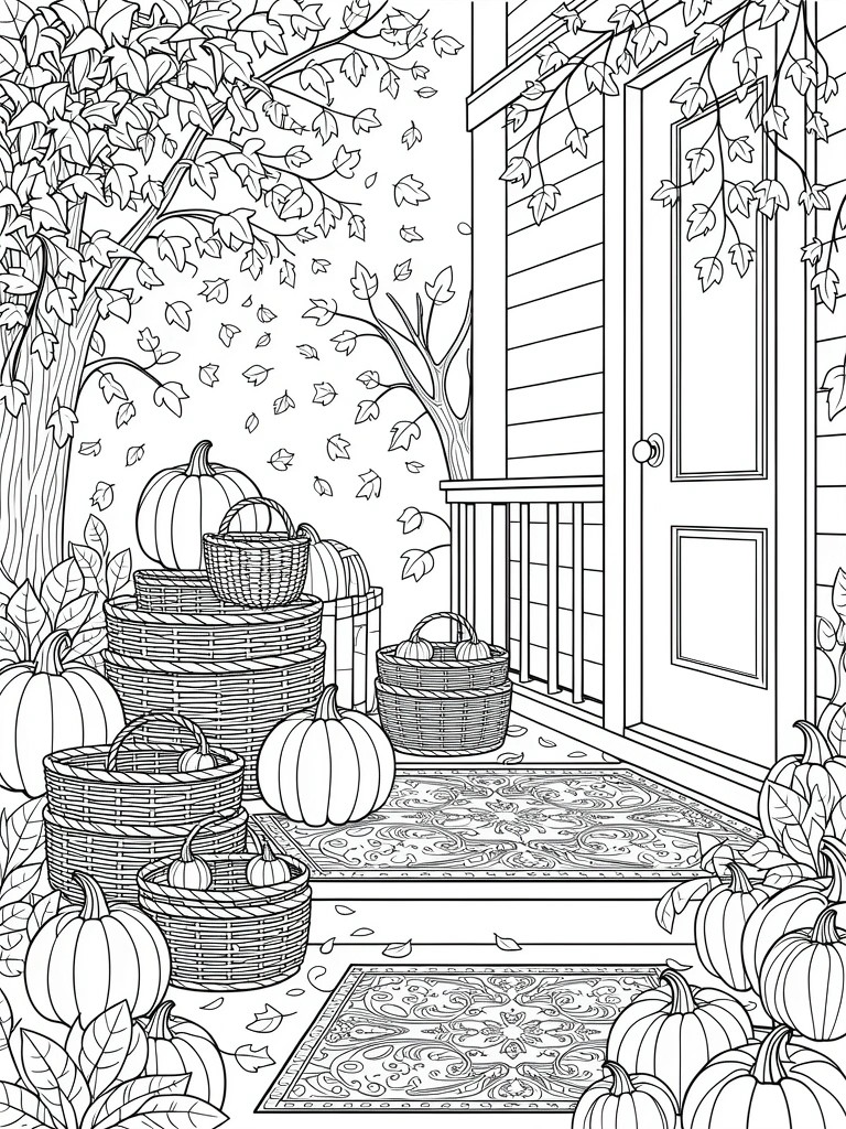 Black and white coloring page of a house porch with stacked pumpkins in baskets, falling leaves from trees, and woven textures.