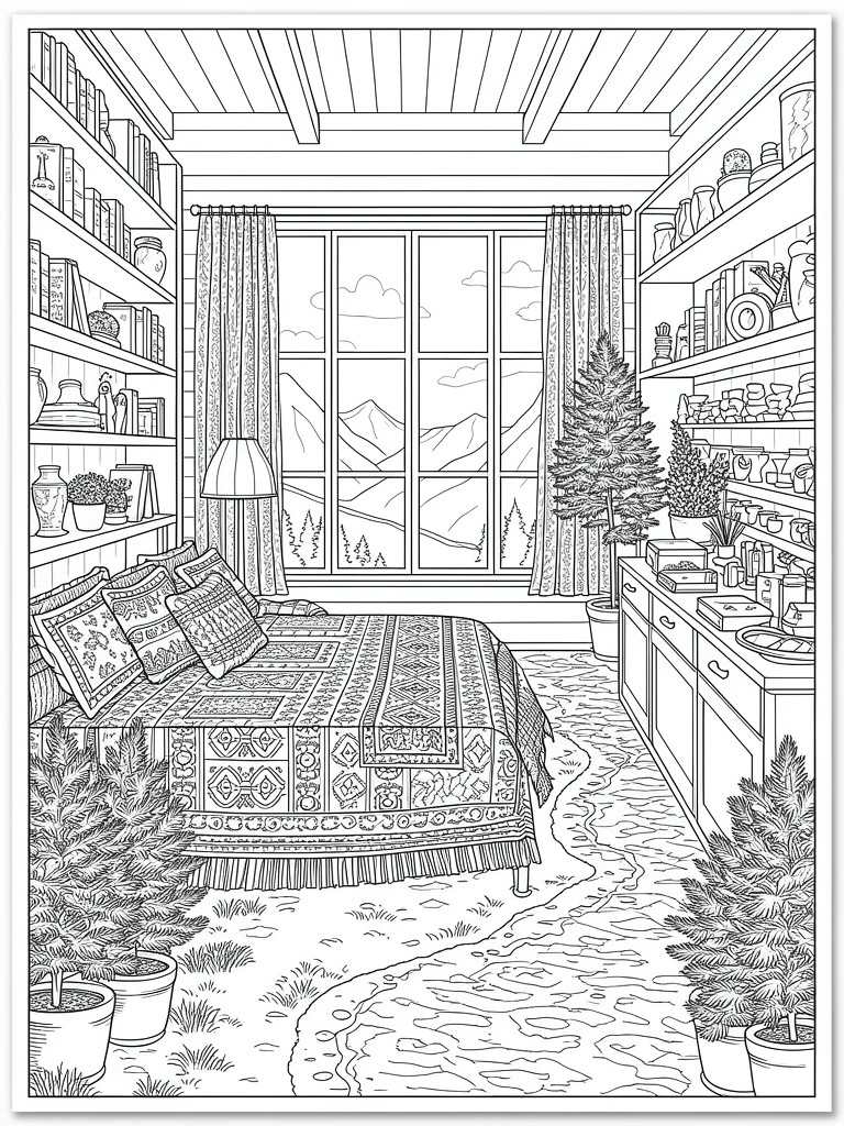 Line art coloring page of a detailed bedroom interior with bookshelves, patterned bed, plants, Christmas trees, and a window showing mountains.