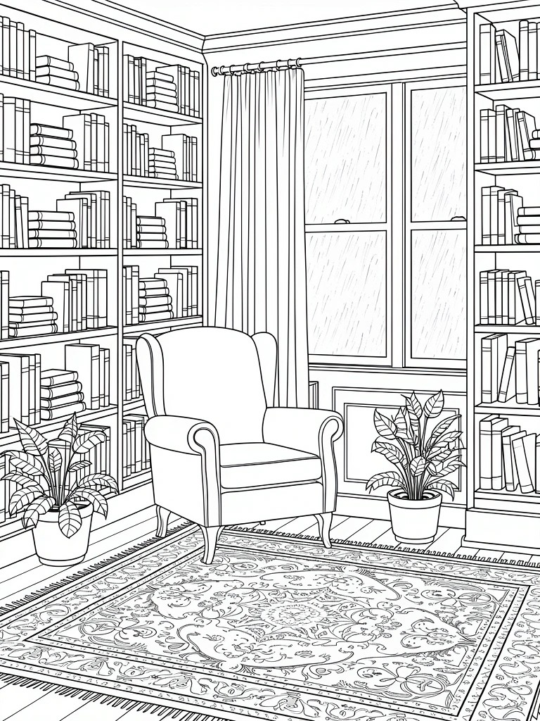 Line drawing of library corner with bookshelves on two walls, armchair, rainy window with curtain, patterned rug, and potted plants.
