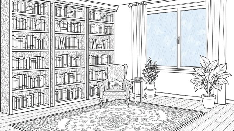 Line drawing of library corner with bookshelves on two walls, armchair, rainy window with curtain, patterned rug, and potted plants.