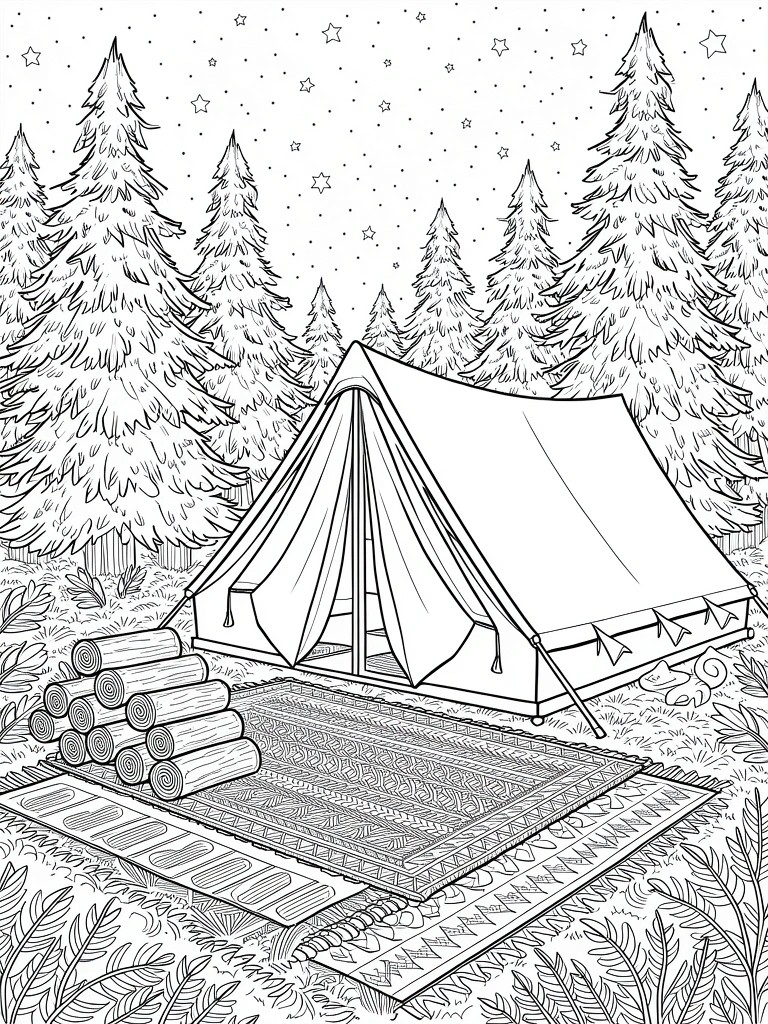 Line drawing of an open tent on a rug with firewood in a pine forest under starry sky.