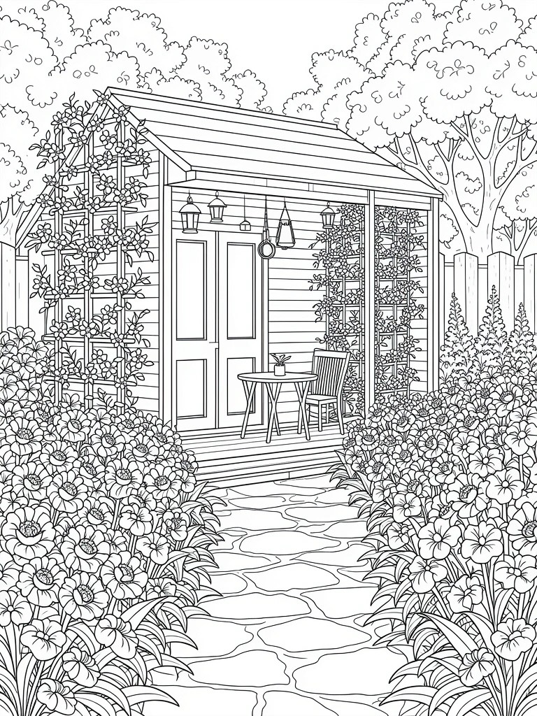 Black and white line art of a wooden shed with porch, table, chair, climbing vines, flowers, trees, and stone path.