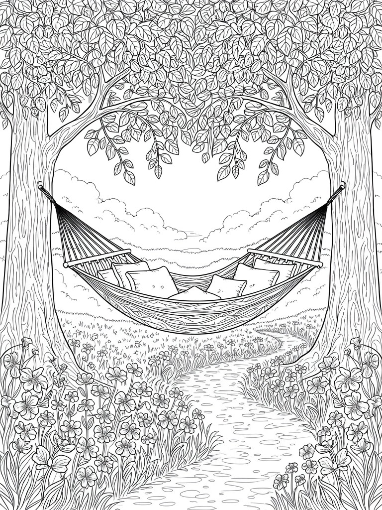Line drawing of a hammock with pillows hanging between two detailed trees above a flower field and winding path.