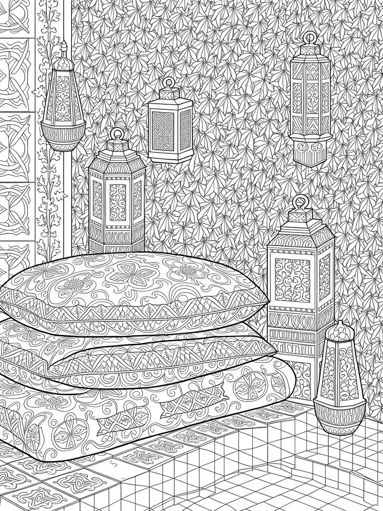 Line art of a detailed Moroccan-style room corner with patterned walls and floor, hanging and standing ornate lanterns, and stacked patterned pillows.