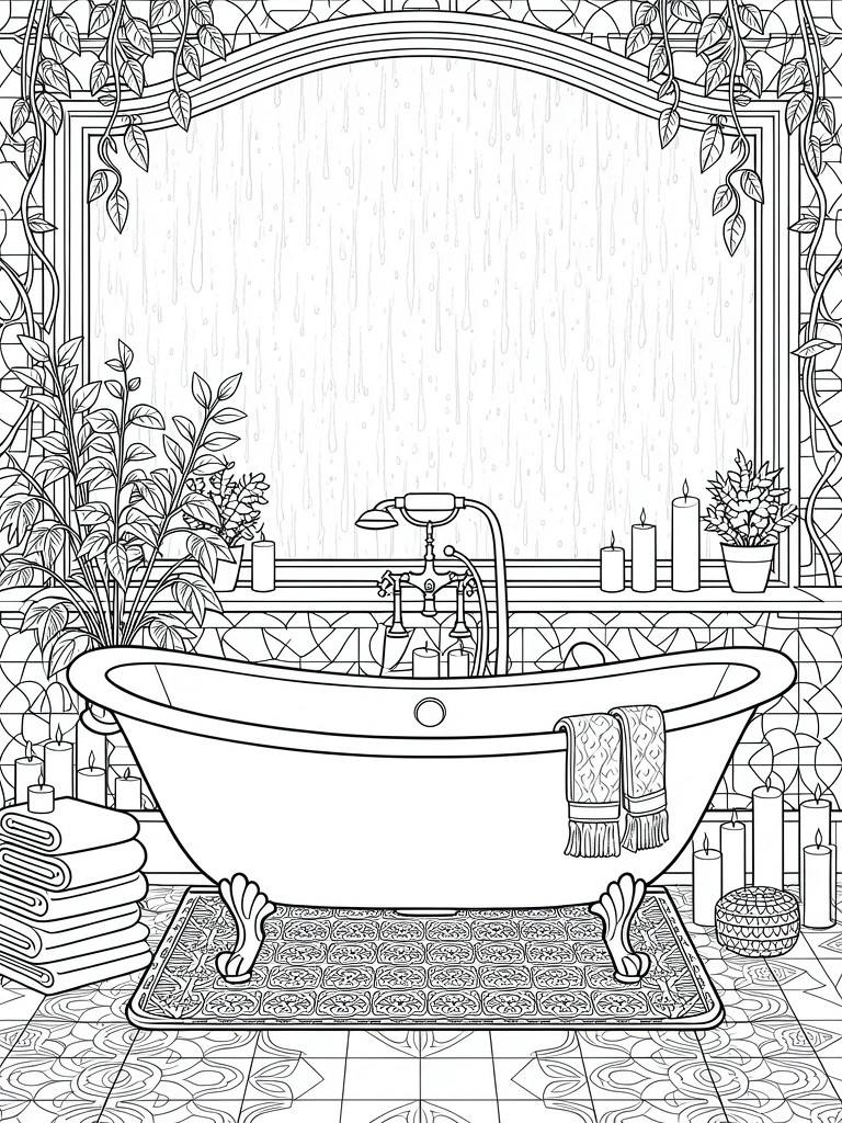 Line art coloring page of an ornate bathroom with clawfoot tub, arched mirror, plants, candles, towels, and patterned tiles.