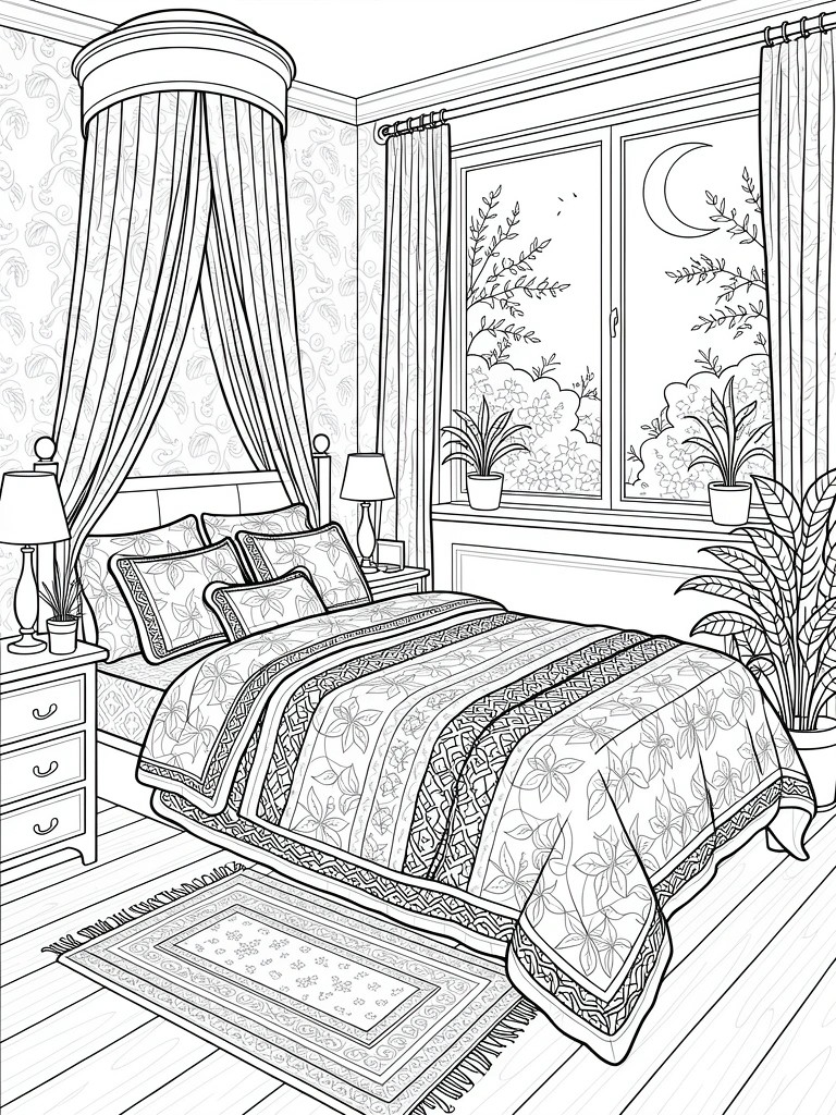 Line art coloring page of a bedroom with canopy bed, patterned bedding and wallpaper, lamps, plants, rug, and window showing moon and trees.