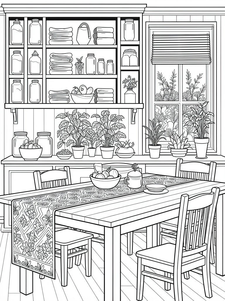 Line art of a detailed rustic kitchen with shelves of jars, potted plants, wooden dining table with patterned runner, and window with outdoor plants.