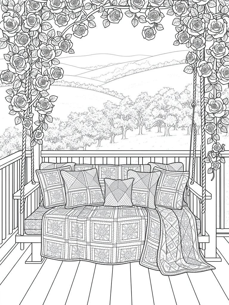 Line art of a cushioned porch swing on a deck under a rose-covered archway, overlooking hills and trees.