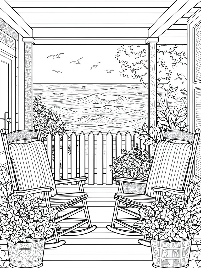 Line drawing of two rocking chairs on a porch facing ocean waves, with potted flowers, picket fence, trees, and seagulls.