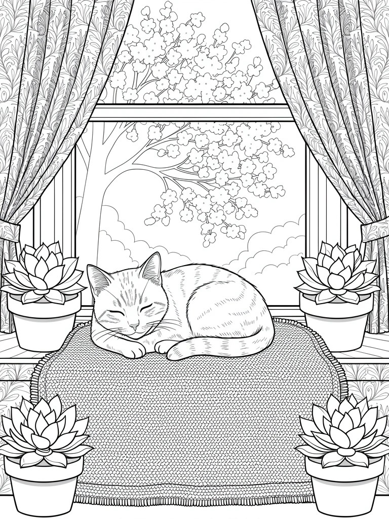 Line drawing of a tabby cat sleeping on a mat surrounded by potted succulents, ornate curtains at a window with tree and cherry blossoms outside.