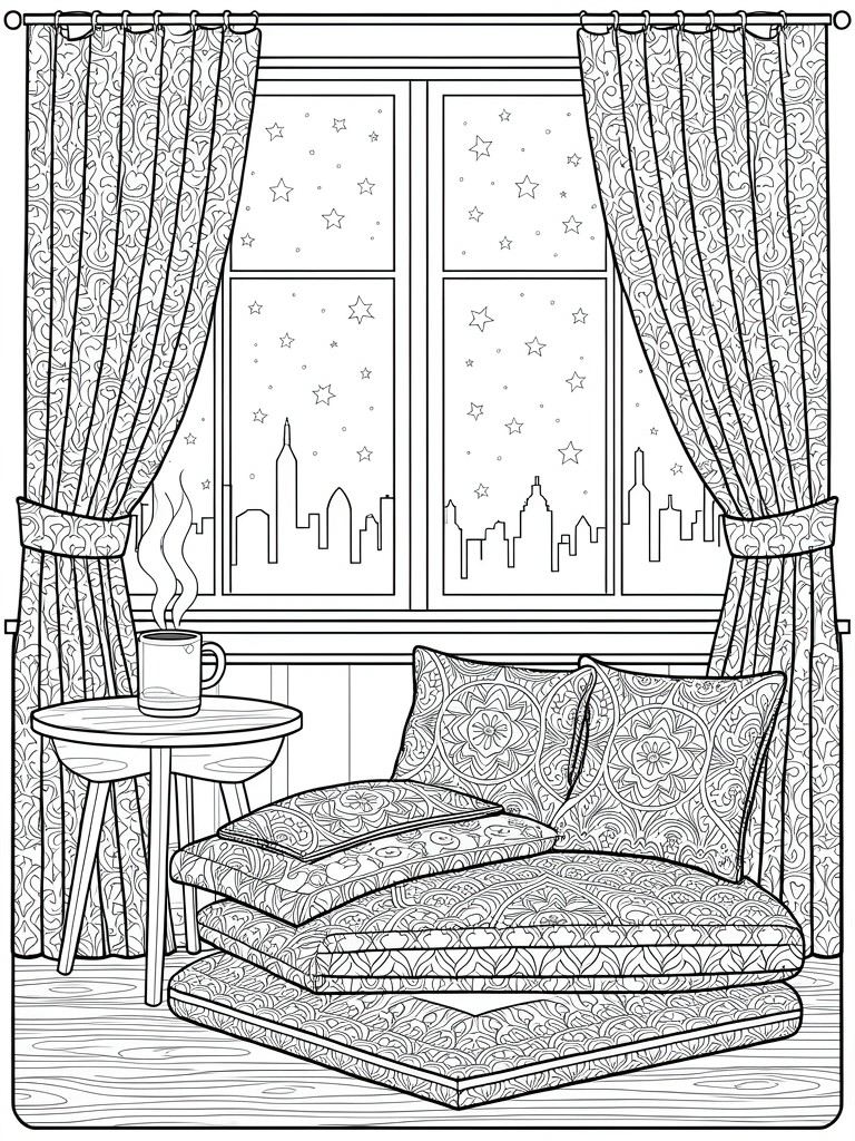 Line drawing of curtains around a window showing snowy stars and city skyline, with mug on table and stacked patterned pillows.