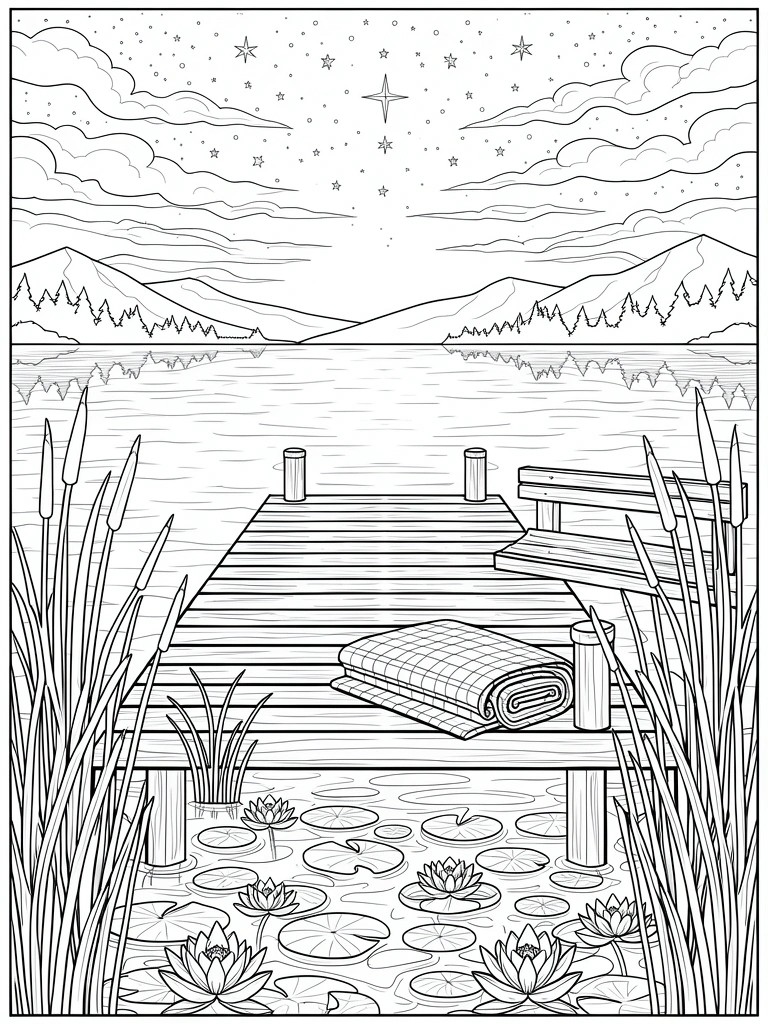 Line art coloring page depicting a dock with bench and blanket over a lake, surrounded by reeds, lily pads, mountains, and a starry sky.
