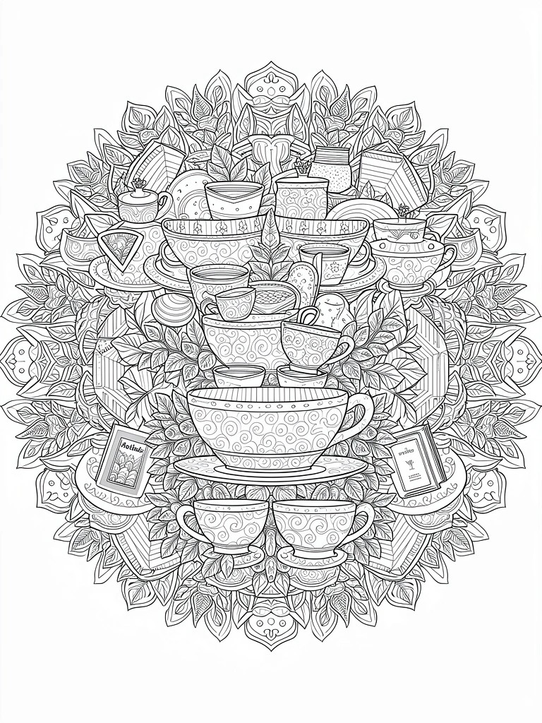 Circular mandala coloring page of stacked teacups, teapots, saucers, and patterned elements.