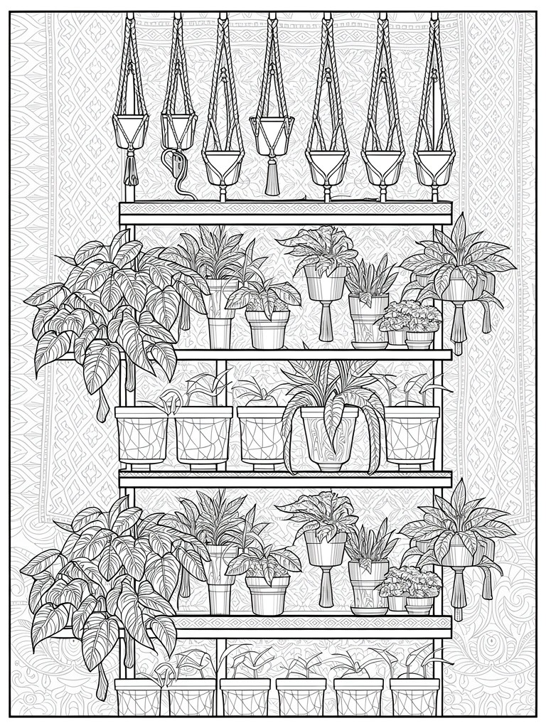 Black line art of a tall shelving unit filled with potted and hanging plants, flanked by patterned borders.