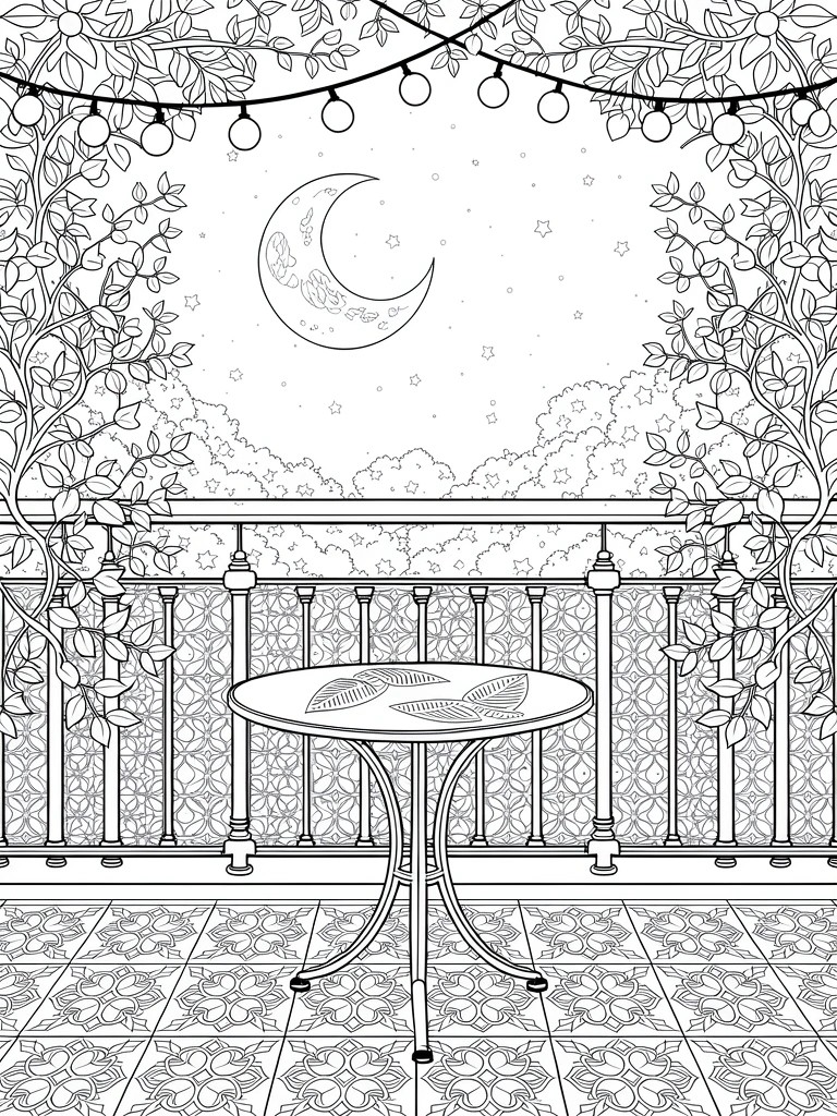 Line art of a detailed balcony scene with vines, string lights, round table, butterfly, tiled floor, crescent moon, and starry sky.