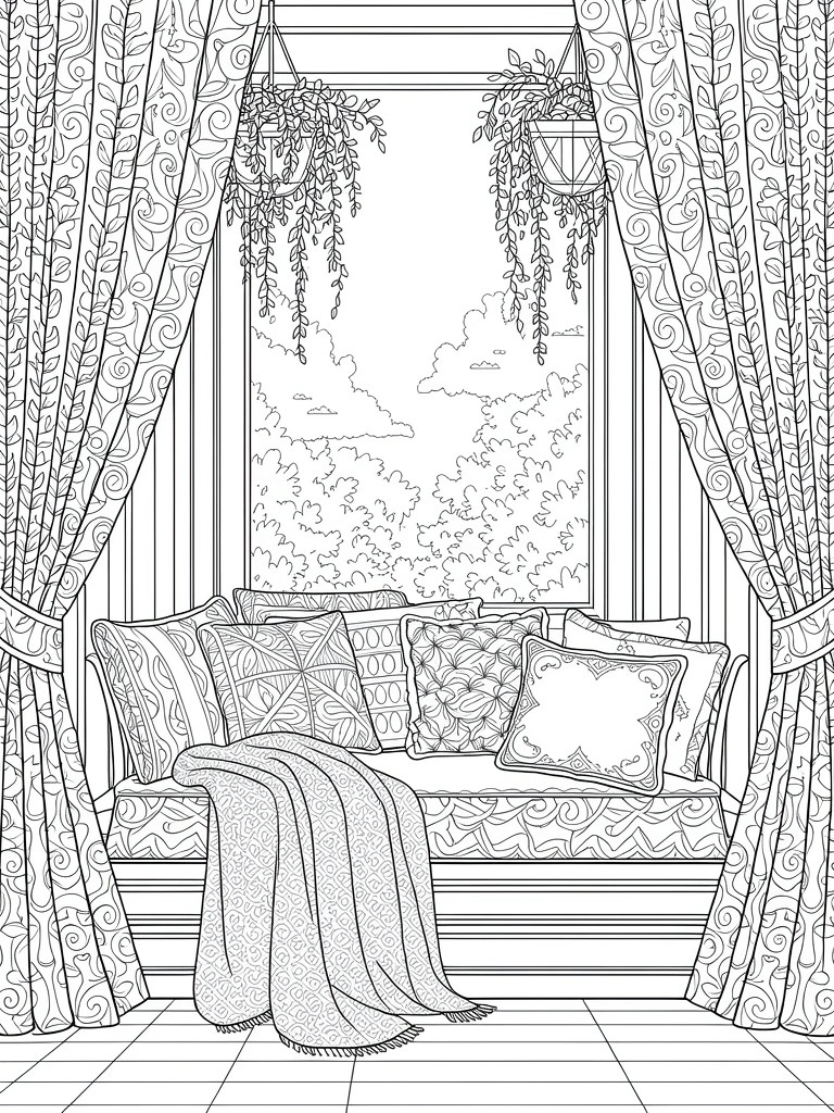 Line art coloring page of a bay window seat with patterned curtains, pillows, blanket, hanging plants, and outdoor view of trees and clouds.