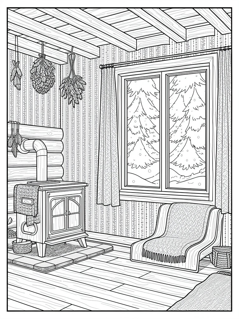 Black and white line drawing of a log cabin room interior featuring a wood stove, armchair, hanging herbs, and window view of snowy pine trees.