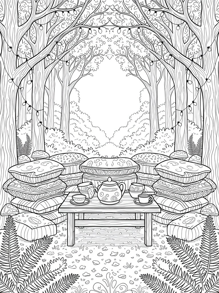 Coloring page of trees forming an arch with fairy lights over a low table, teapot, cups, cushions, ferns, and mushrooms in a forest clearing.