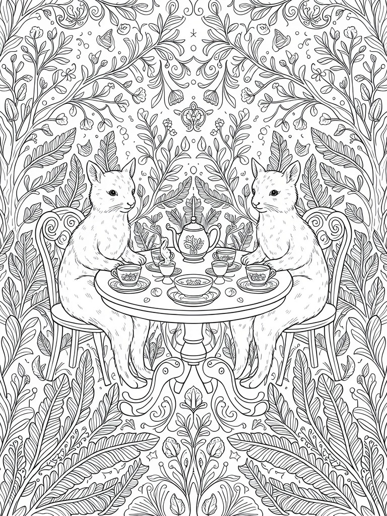 Line drawing of two cats seated at a small table with teapot and cups, enveloped in intricate vines, leaves, ferns, and flowers.