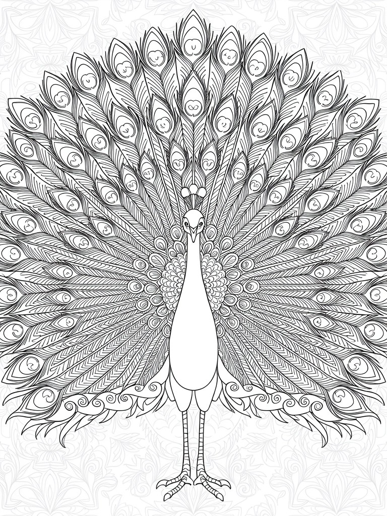Line art coloring page of a standing peacock with fully fanned tail feathers covered in intricate patterns.