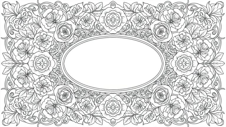 25 Beautiful Aesthetic Coloring Pages Worth Finishing Black line art of an ornate oval frame filled with roses, peonies, leaves, and swirling vine patterns.