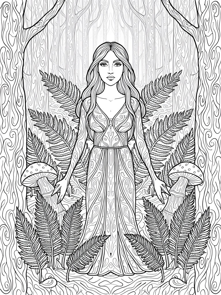 Black and white line art coloring page of a woman in a flowing dress standing between ferns and mushrooms under arched trees.