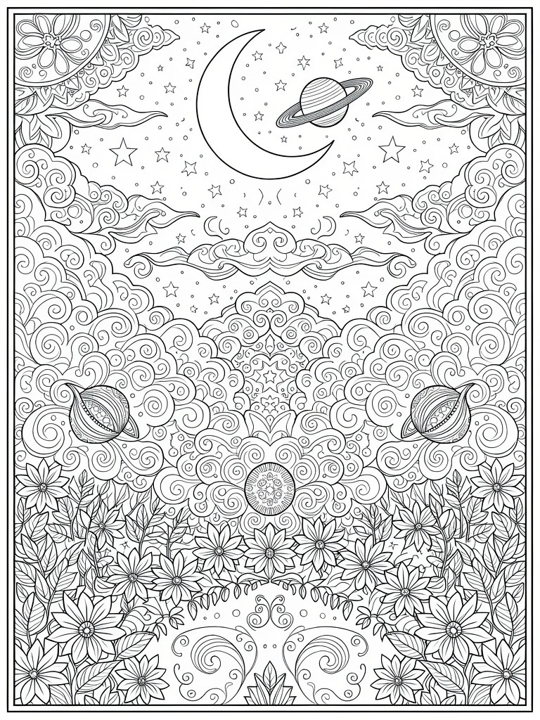 Detailed line art coloring page of a night sky with crescent moon, ringed planet, stars, swirling clouds, mandala patterns, orbs, and bottom flowers.