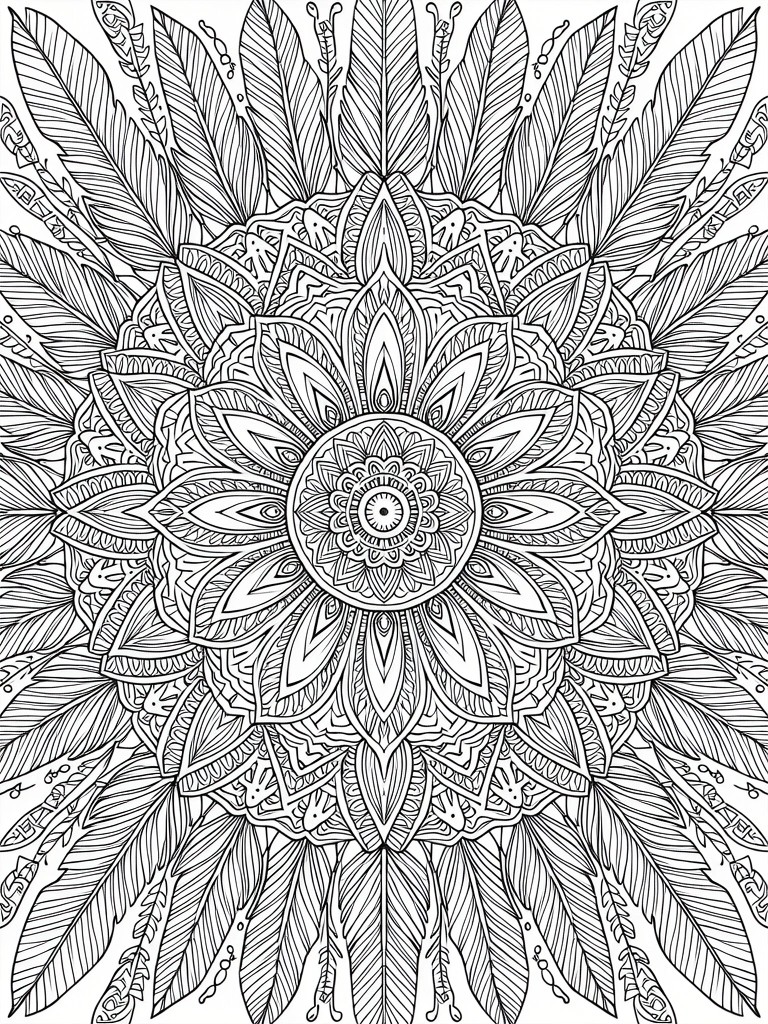 Black and white line drawing of a circular mandala with a detailed floral center and radiating feather patterns.