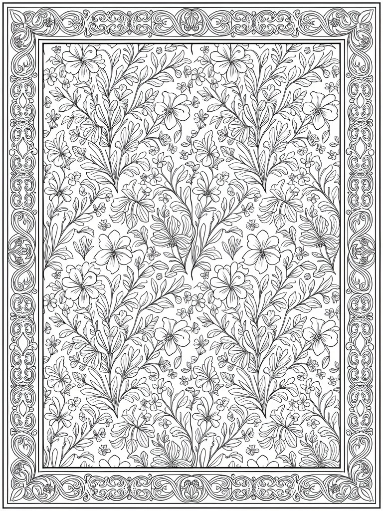 Black and white line art of a rectangular frame densely filled with swirling vines, leaves, stems, buds, and flowers in repeating patterns.
