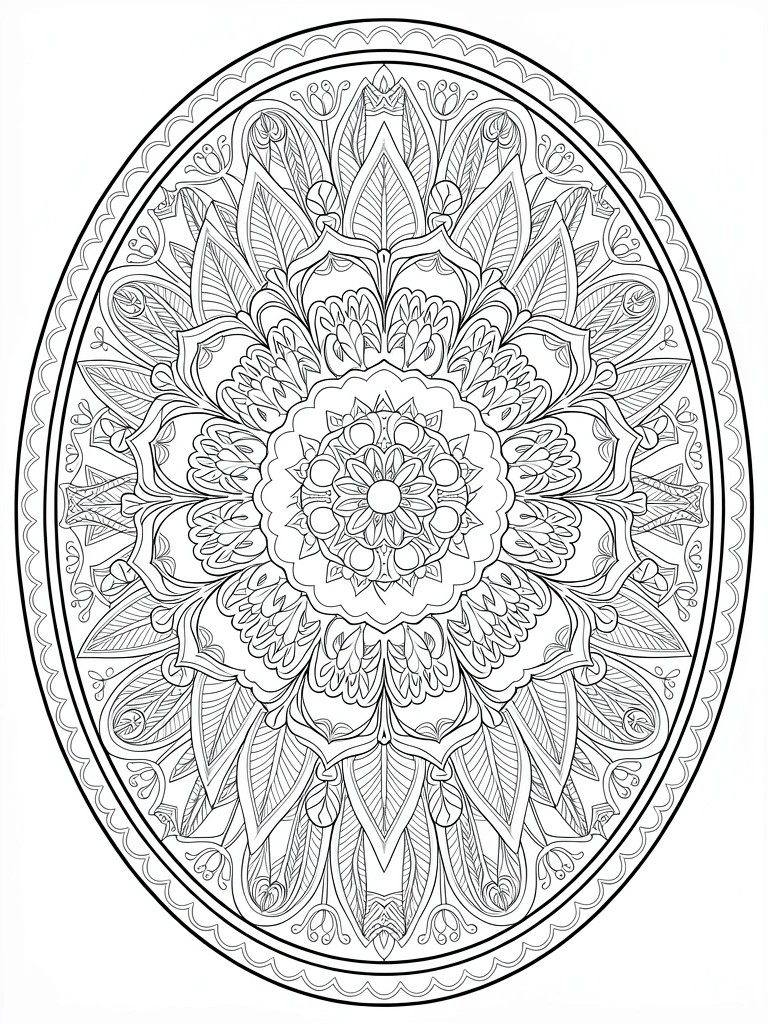 Oval-shaped black line art mandala with central lotus flower, layered petals, leaves, and decorative border patterns.