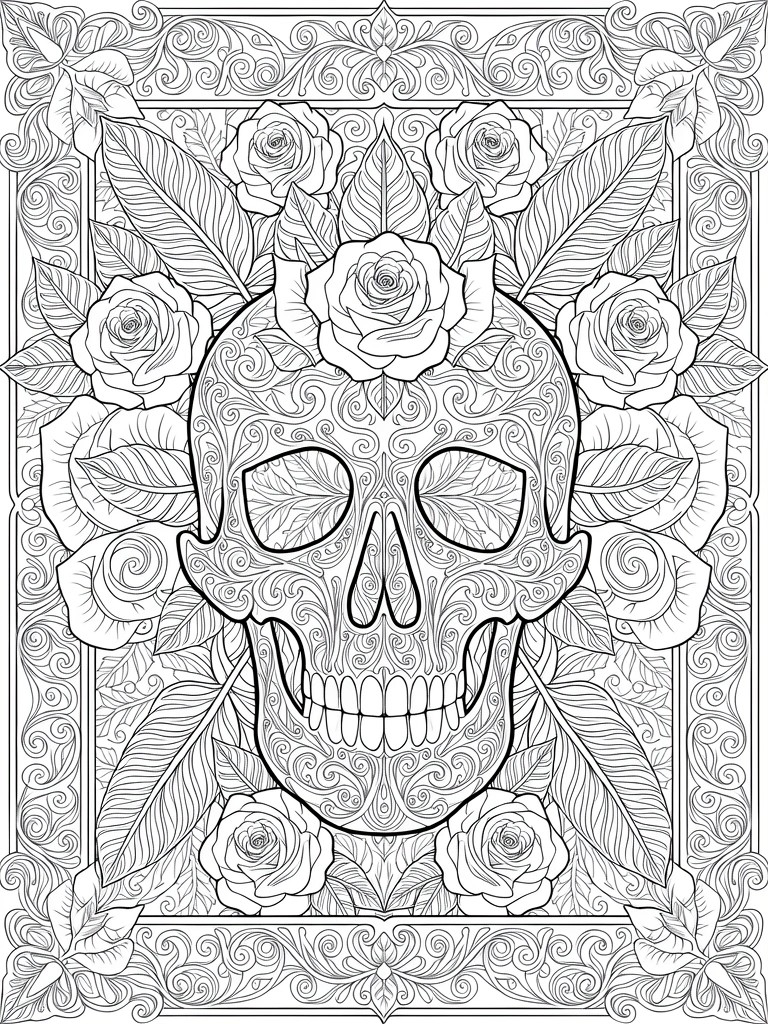 Black and white line art of a detailed skull with swirling patterns, surrounded by roses and leaves inside an ornate frame.