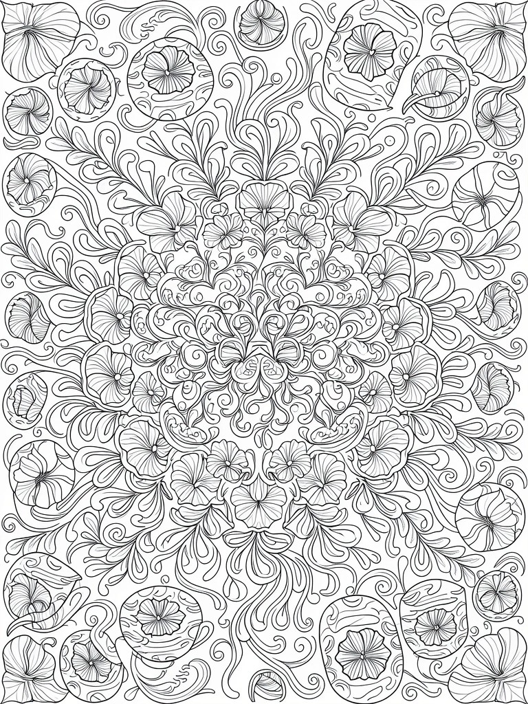 Black and white line art of a symmetrical mandala with layered flowers, swirling vines, leaves, and circular patterns.