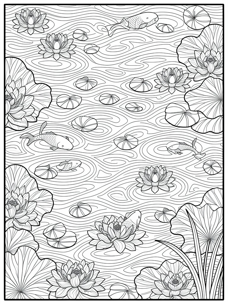 Line art coloring page featuring koi fish, lotus flowers, lily pads, and wavy water patterns in a bordered pond scene.