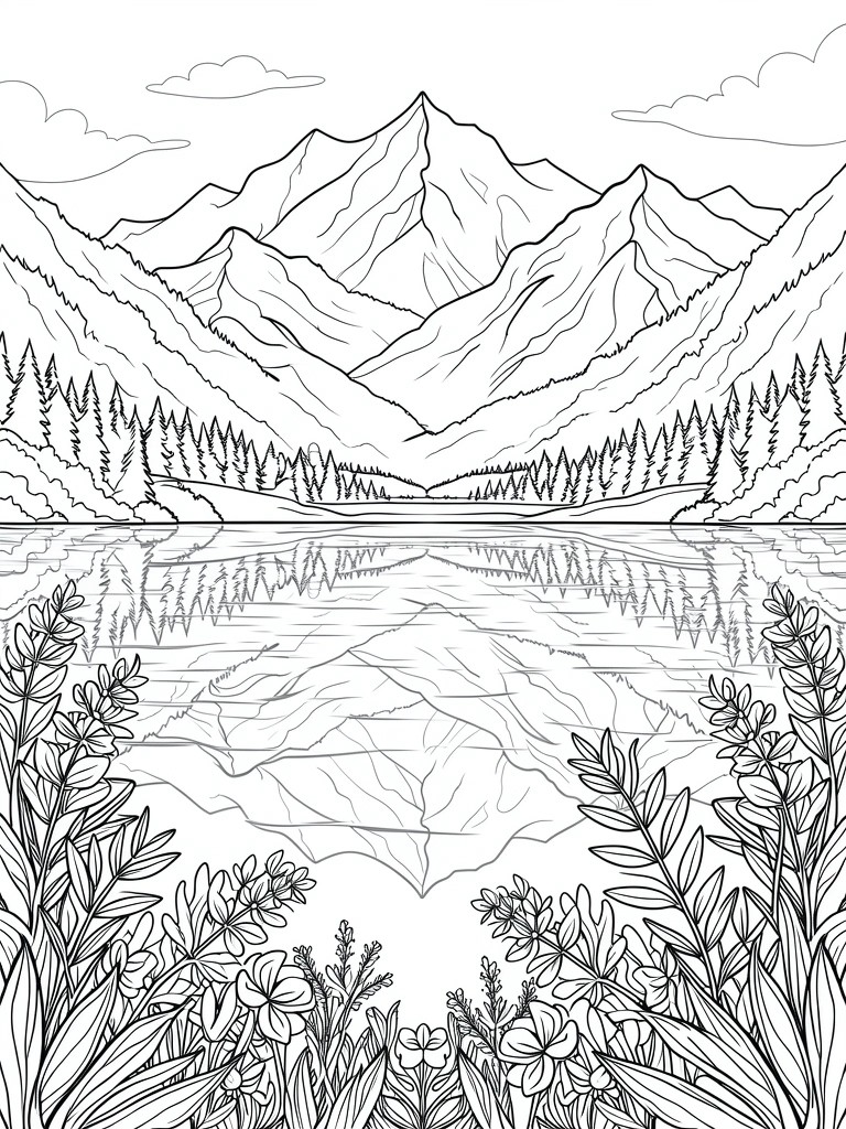 Black and white line drawing of mountains reflected in a lake, with side trees and bottom wildflowers.