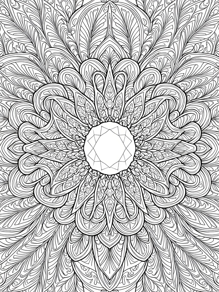 Black and white line art of a symmetrical mandala featuring layered feathers, leaves, and a central diamond shape.