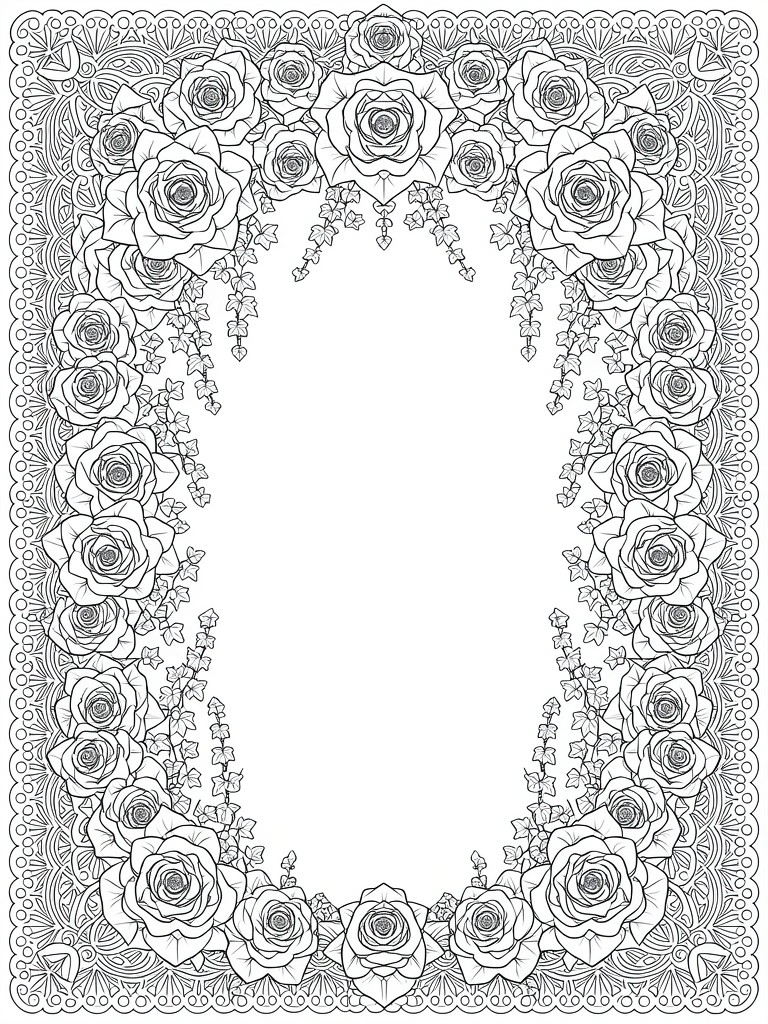 Black and white line art of a rectangular coloring page border filled with roses, ivy vines, and lace patterns around an empty oval center.