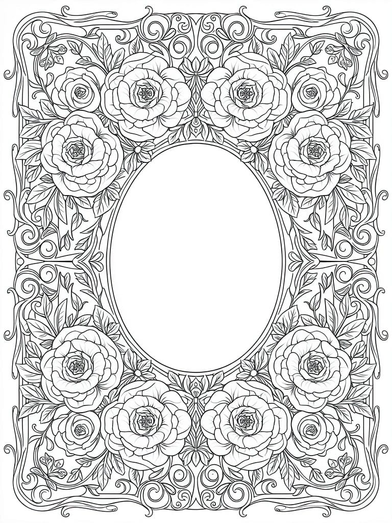 Black line art of an ornate oval frame filled with roses, peonies, leaves, and swirling vine patterns.