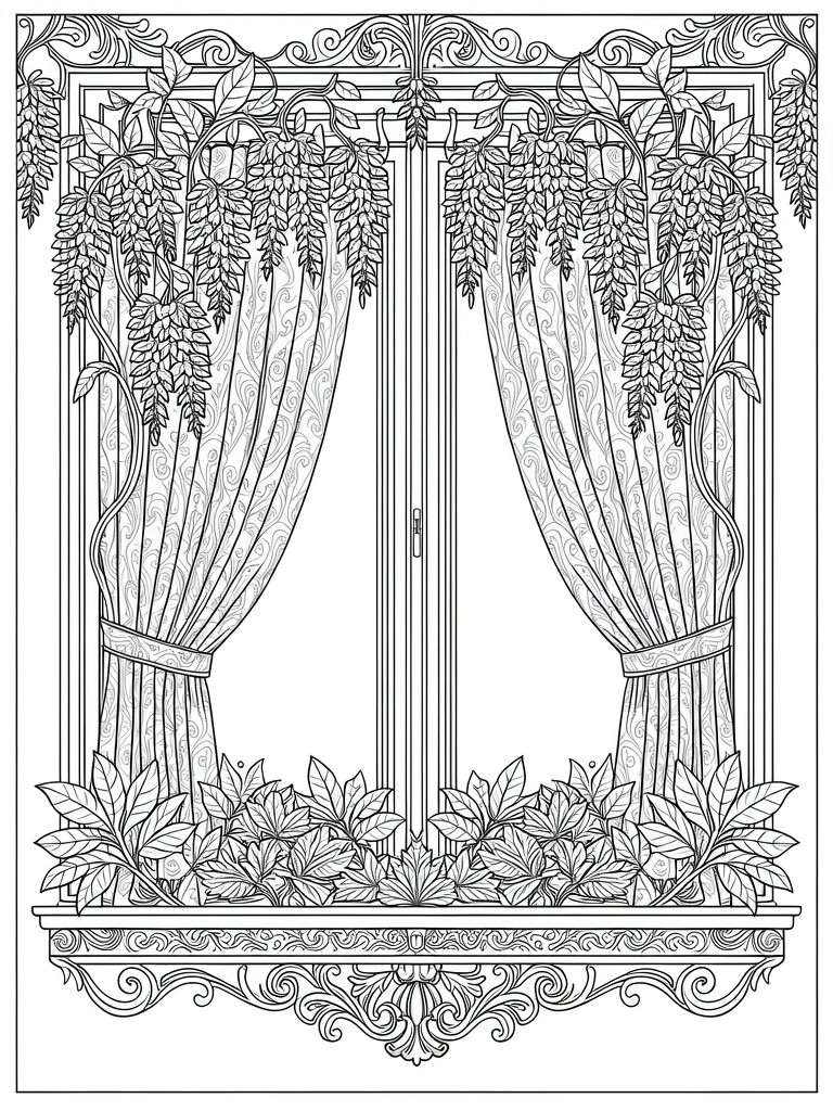 Line art of an ornate arched window with parted sheer curtains, cascading wisteria vines overhead, and leafy flowers on the sill.
