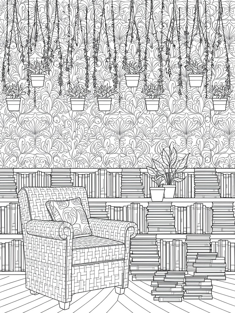 Line drawing of a room interior with hanging plants, patterned wallpaper, bookshelves, wicker chair, and scattered books.