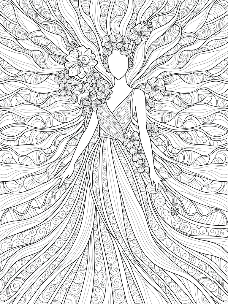 Black and white line art of a woman with outstretched arms, elaborate floral hair radiating outward, and a patterned dress.
